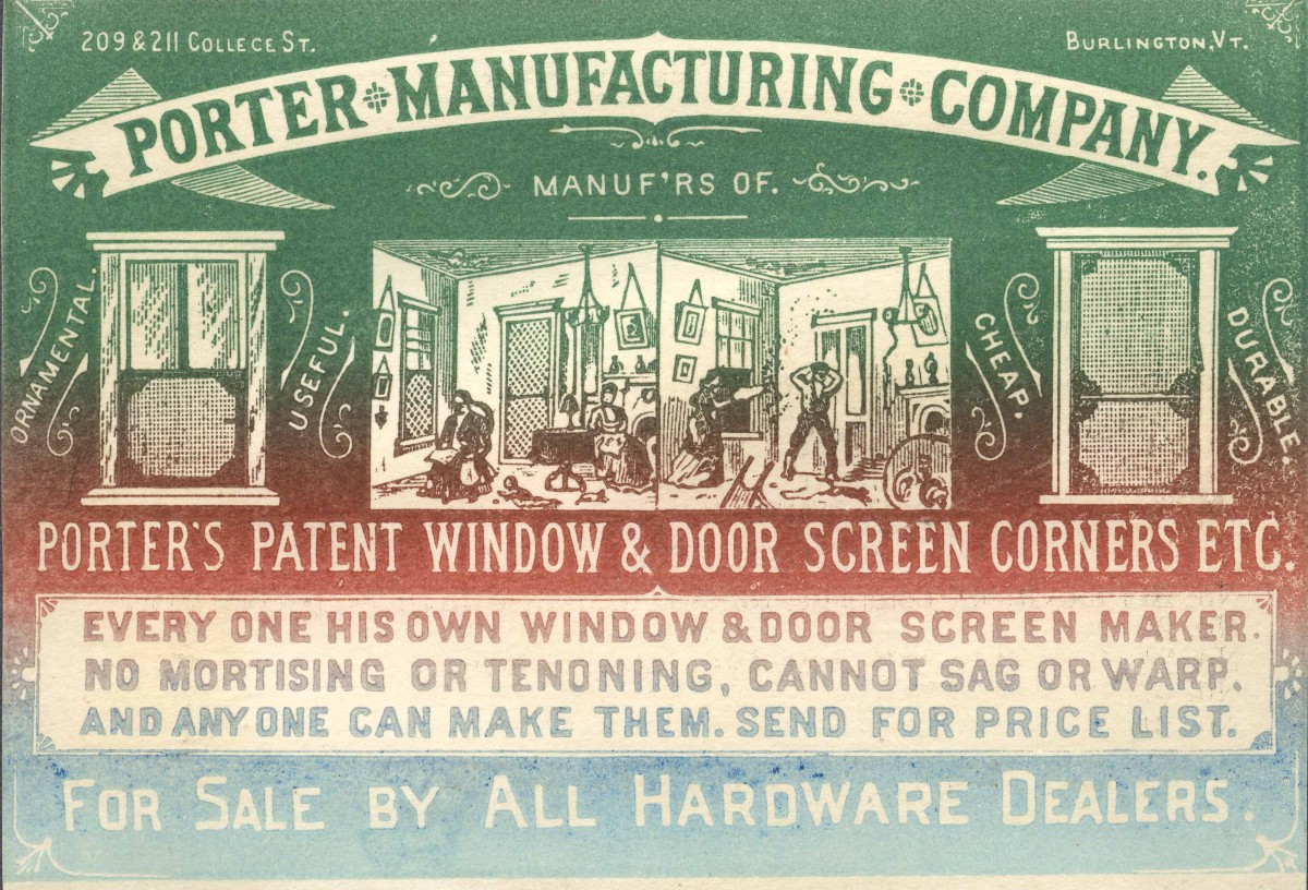 Color advertising card published by the Porter Manufacturing Company of 209-211 College Street in Burlington, Vermont, 1870 – 1890. Courtesy Champlain College: https://specialcollections.champlain.edu/digital-collections/index.php/Detail/objects/1574